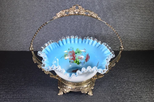 Fenton Bride's Basket Case Glass Silvercrest Hand Painted Bowl & Stand