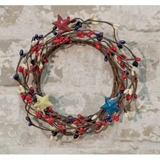 NEW Primitive Berry Wreath Candle Ring Painted Stars 3.5" Burgundy Ivory Navy