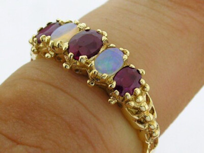 R128 Genuine 9ct Solid Gold NATURAL Ruby & Opal Bridge Ring Anniversary Eternity