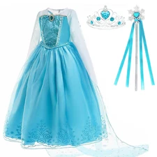 Enchanting Elsa Inspired Costume Dress for Girls – with Tiara and Snowflake Wand