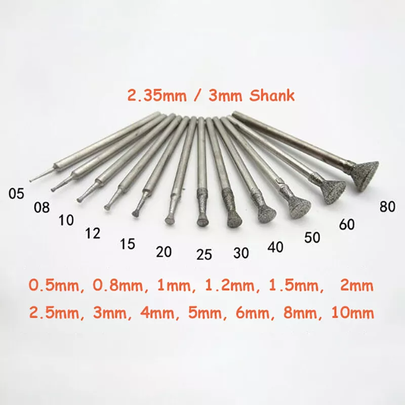 Diamond Grinding Head Burr Bits 0.5mm-10mm For Dremel Rotary Tool 2.35/3mm  Shank