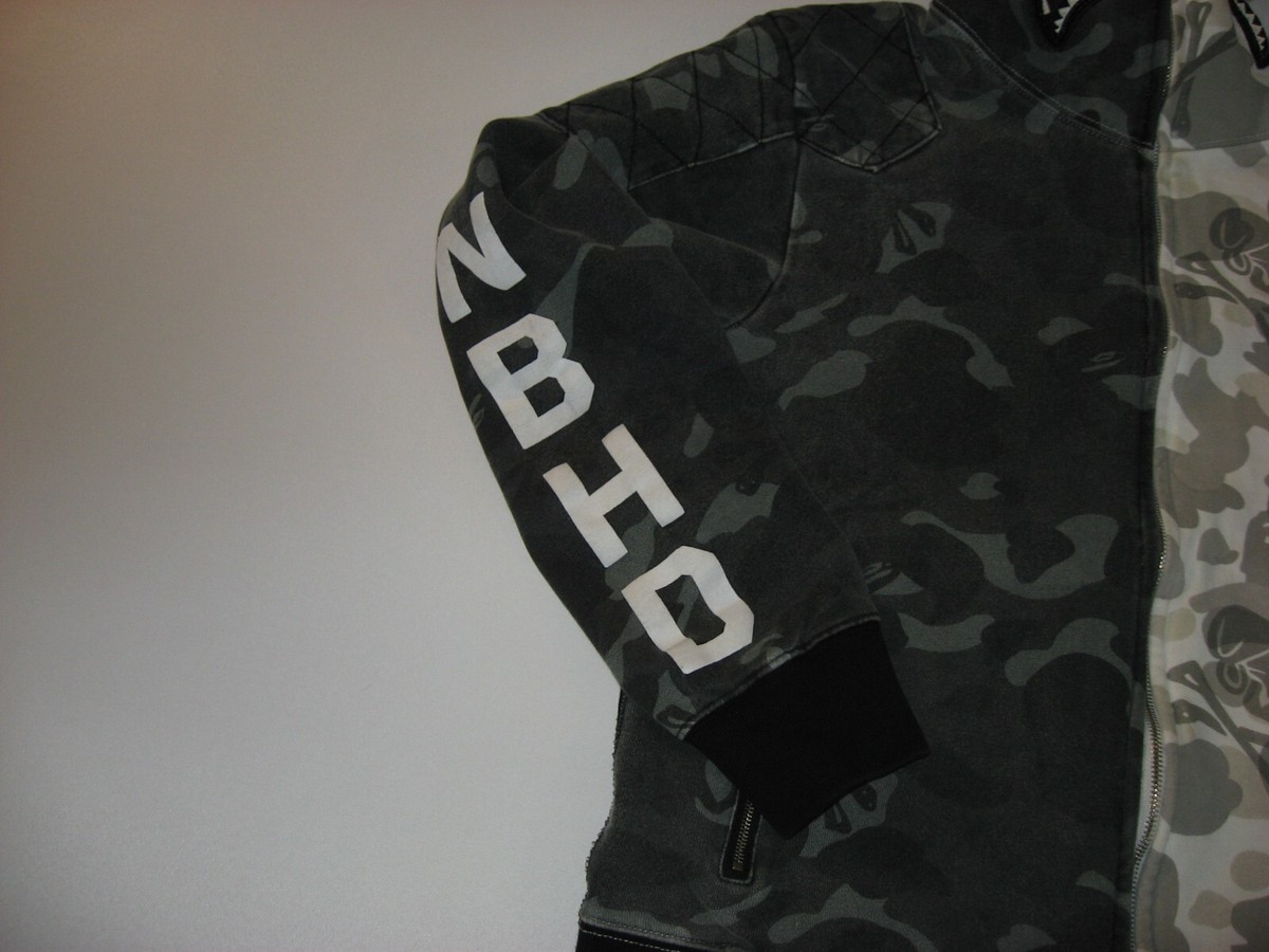 A Bathing Ape x Neighborhood Split Camo Shark Full Zip Hoodie 'Black/White