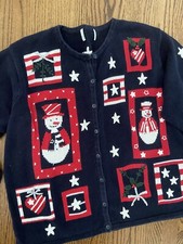 Vtg Supersized Patriotic Snowman Ugly Christmas Sweater XL XXL Red White Blue
