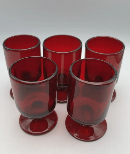 Set Of 5  Hand Blown Stemmed Ruby Red 3.5” Juice Glasses