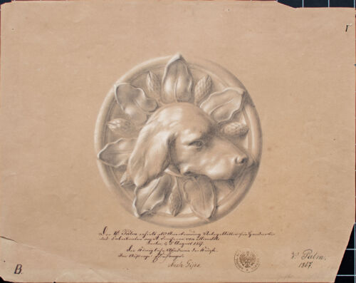 Akademische Studie Zeichnung Wilhelm Palm Hund Jagd Bleistift mit Weiß 1867 sign - Bild 4 von 4