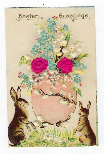 Early 1900's Easter Postcard Rabbits & Egg With Flowers Embossed - 第 1/2 張圖片