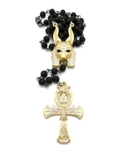 Egypt God Anubis Ankh Pendant 5mm 24",30" Lava Stone Bead Rosary Necklace RC4034