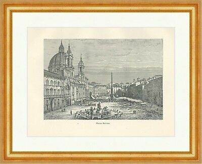 Piazza Navona Italien Rom Parione Barock Obelisk Holzstich E 21863 Gerahmt - Bild 1 von 1
