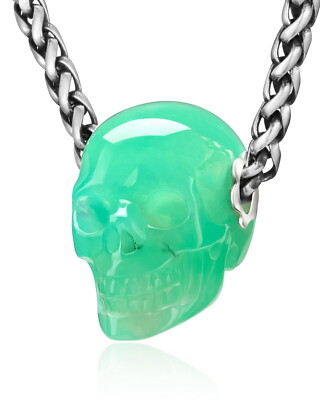 Necklace of Chrysoprase Hand Carved Crystal Skull Pendant - Main Image