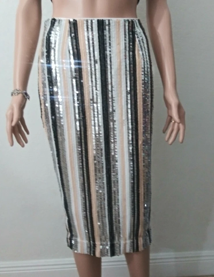 boohoo Size 6 Multicolor Stripe Geometric Glitter Slit In Back A-Line Skirt - Image 4 of 4