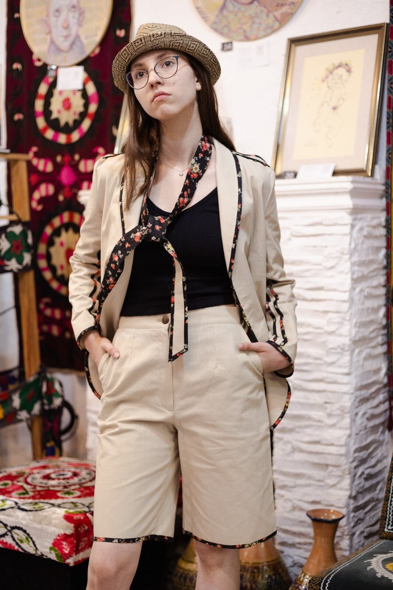 Handmade Women's Two Piece Organic Cotton Suit Beige Shorts