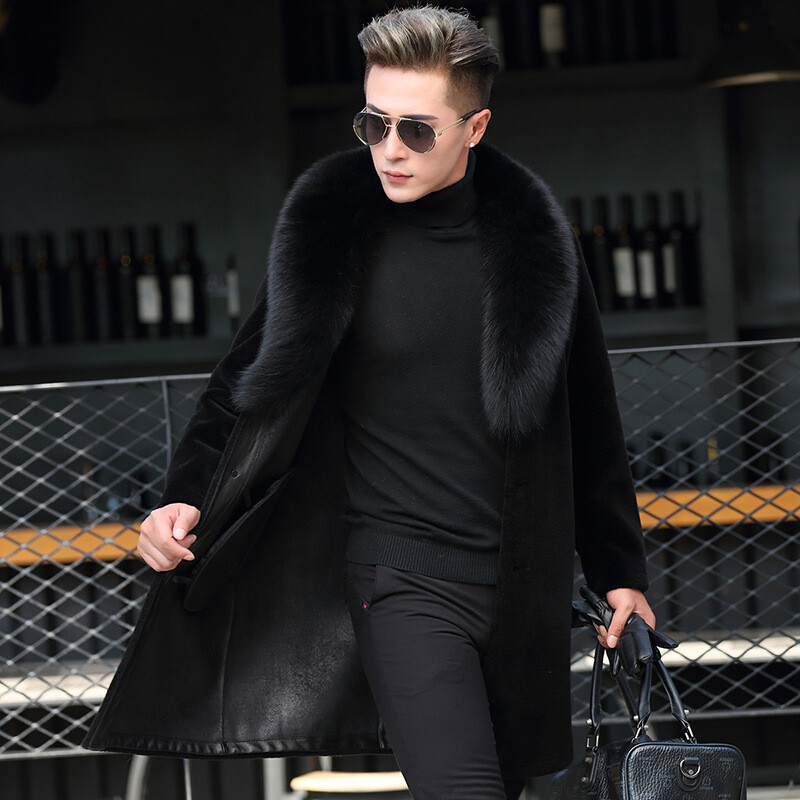 Men's Real Fox Fur Collar Trench Coat 100% Cashmere Wool Overcoat