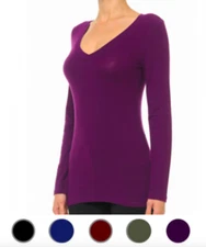 NEW Plus Size Cotton Stretch V Neck Long Sleeve Tee Top- Ambiance-L/XL/1X-2X-3X