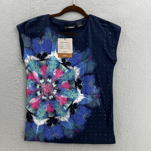 DESIGUAL Tee Girls 13 / 14 Blue Floral Gemstones Multicolor Short Sleeve T-Shirt