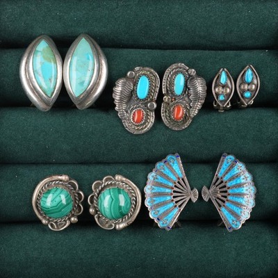 Navajo, Zuni, Barse, Siam Sterling silver, turquoise, coral clip-on earrings