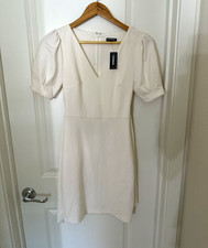 Express Ivory Solid V-Neck Puff Sleeve Short Dress Zip Back Regular