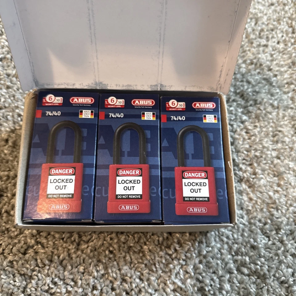 Lot of 6 Abus 74/40 Red Lockout Tag Out LOTO Padlock With Key & labels.  - Image 4 of 4