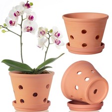 6 Inch Terracotta Orchid Pots with Holes, Saucers - 3 Pack Clay 6 Inch, Brown