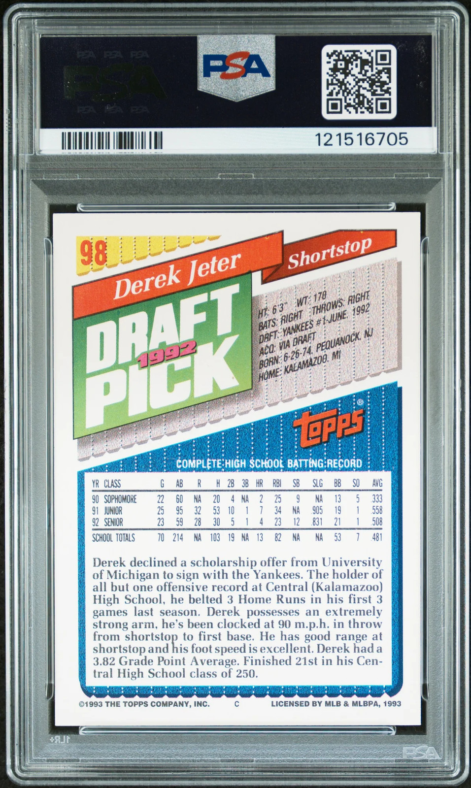 1993 Topps - Derek Jeter - #98 - RC Rookie - PSA 9 view 2