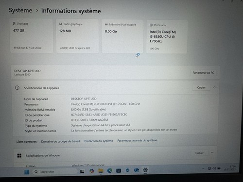 Dell Latitude 5590 i5-8350U-1.7Ghz 8go SDRAM ddr4 2400Mhz M.2 Sata 512Go - Afbeelding 4 van 5