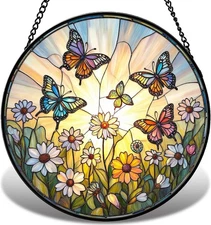 Butterfly Daisy Stained Glass Suncatcher, Window Decor Gift for Women & Mom