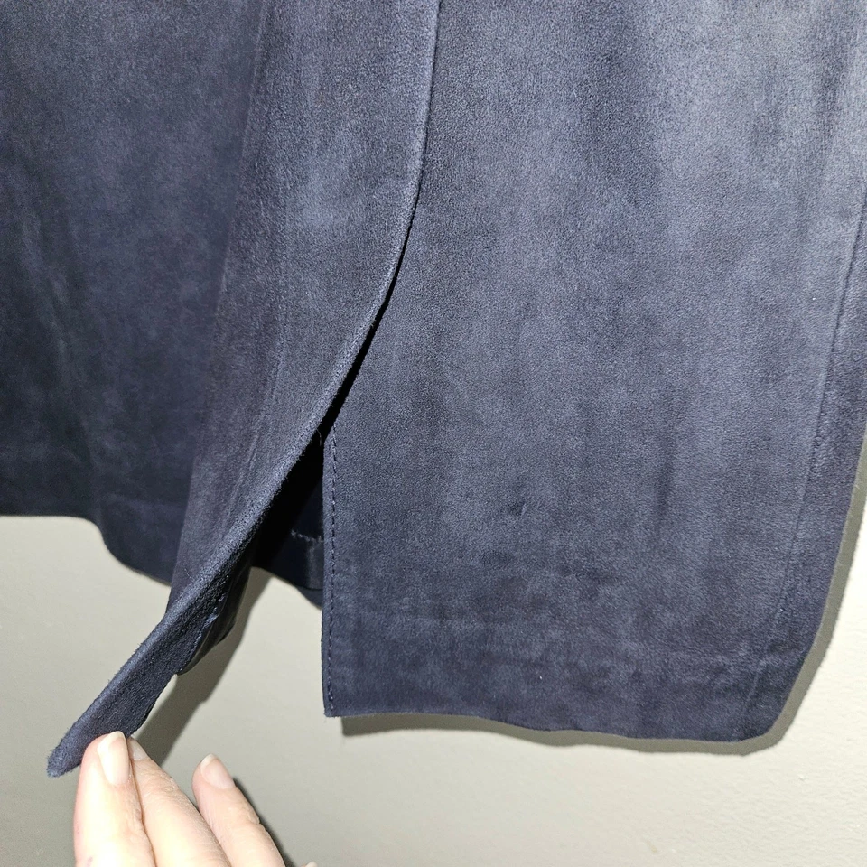 NUEVO CON ETIQUETAS Falda Emanuel Ungaro Diseñador Azul 100% Gamuza Cabra Hasta la Rodilla Talla 8 Mediana Foto 4 de 4
