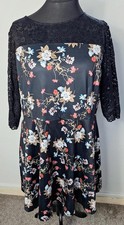 Simply Be Black Floral Skater Dress UK 24 Lace Yoke & Sleeves Plus Size Curve