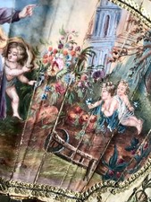 MAGNIFIQUE EVENTAIL ANCIEN/PEINT/LOUIS XVI/PUTTI/ SEQUINS/BRODERIE/ARGENT/XVIIIE