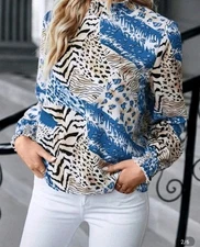 Leopard & Tiger Skin Print Mock Neck Shirred Cuff Long Sleeve Blouse NEW L-XL