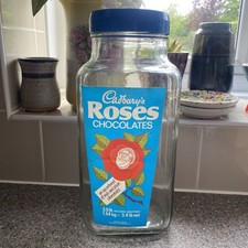 Vintage Large Glass Cadbury's Roses Chocolates Jar Original labels + lid 3.5 lb