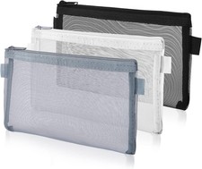 THINP 3 Pieces Pencil Pouch Clear Makeup Bags Nylon Mesh Black, White, Grey