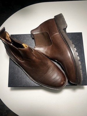 Prada Men's Brown Leather Chelsea Boots Elastic Accents Pull On Ankle Round Toe