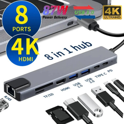 USB-C 3.1 To USB 3.0 Hub HDMI RJ45 Ethernet Micro SD TF OTG PD Charging Adapter