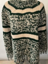 Vintage 60s 70s Handmade Heavy Crochet Knit Poncho Hippie Shawl Green Off White