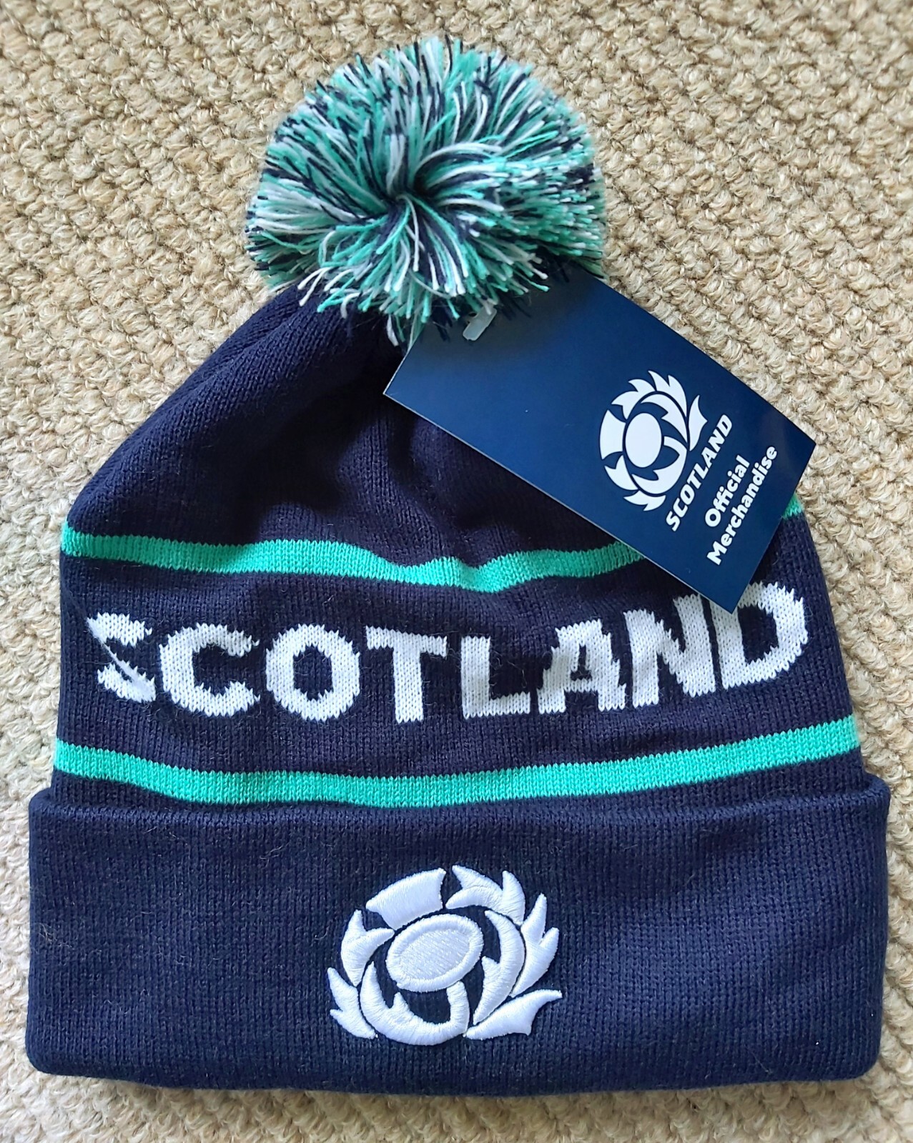 Official SCOTLAND Macron RUGBY Navy Sea Green BOBBLE BEANIE HAT Pompom Adult