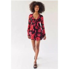 UO Kiki Tie-Front Roses Mini Dress Size Small Long Bell Sleeve Cutout Coquette