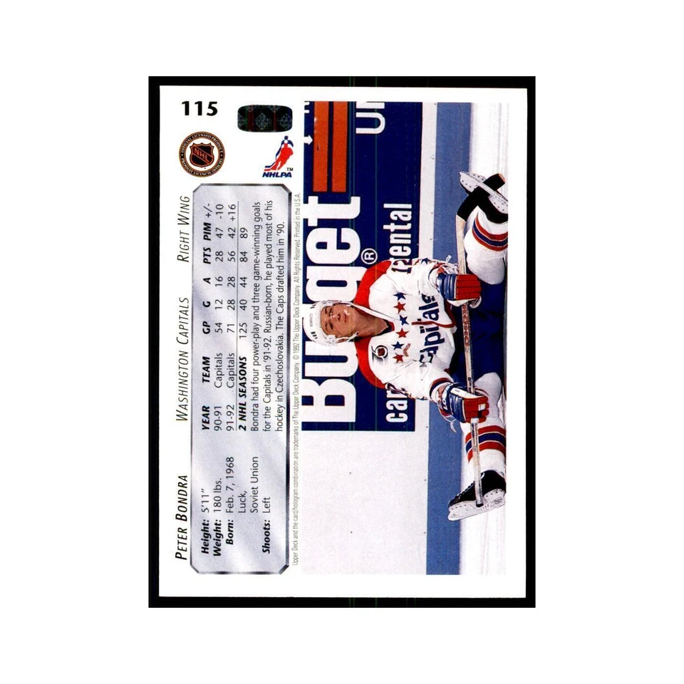 1992 Upper Deck Peter Bondra Hockey Cards #115 - Image 2 of 3