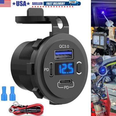 12-24V Dual USB Quick Charge 3.0 Port & PD USB C Car Charger Socket w/ Voltmeter