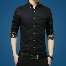 Men Cotton Long Sleeve Dress Shirt Casual Blouse Plaid Slim Fit Button Shirt