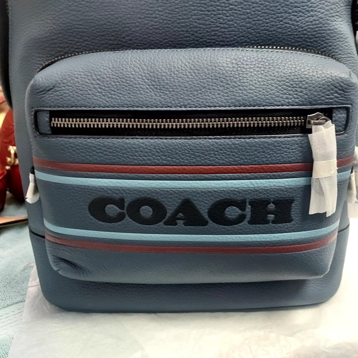 Coach West Backpack With Coach Stripe Blue Demin Mens