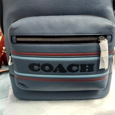 Coach West Backpack With Coach Stripe Blue Demin Mens Leather New