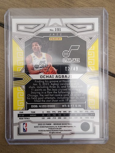 Ochai Agbaji 2022-23 Obsidian Rookie RC #191 Purple Flood /49 - Picture 2 of 2