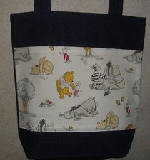 NEW Large Denim Tote Bag Handmade/w Retro Winnie Pooh Gang Fabric