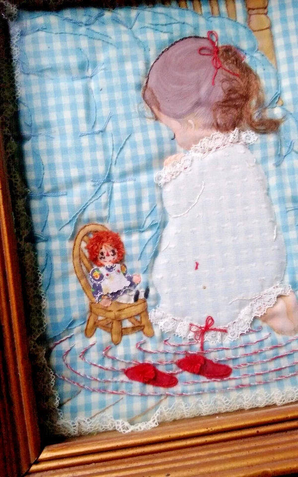 Vtg Framed Embroidered Stitch Raggedy Ann & Little Girl Praying Signed 10"×8.5" - Image 2 of 4