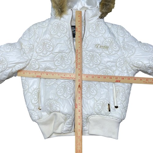 Dereon Jacket Women L White Gold Quilt Hood Fur Down Cropped Bomber Y2K Beyonce - Picture 11 of 15