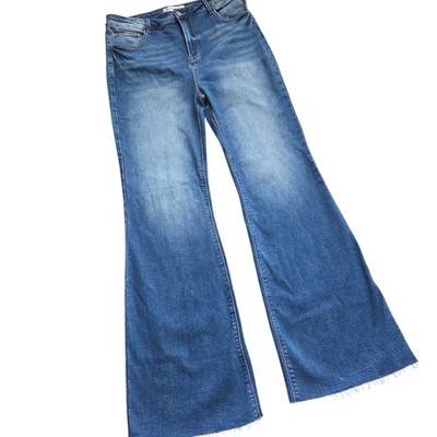 Risen X Freckled Poppy Jeans 1X High Rise Flare Raw Hem Denim Blue