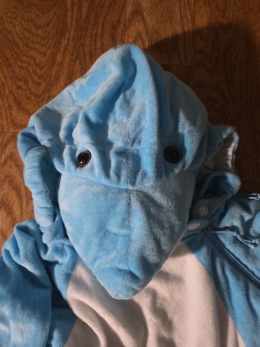 UNISEX ADULT LARGE SHARK COSTUME EASY ON ZIP SNAP BLUE LINED ELASTIC WRIST ANKLE - Picture 2 of 10