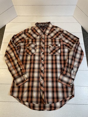 Rock & Roll Cowboy Shirt Mens Large Medium Pearl Snap Long Sleeve Orange Black