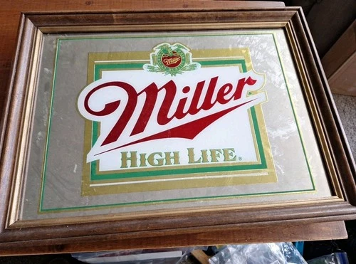 Vintage Miller High Life Bar Mirror Beer Sign Wood Frame 20” X  15” Green