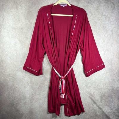 Hale Bob Robe Women XL Burgundy Bamboo Spandex Kimono Sleeve Belted Striped Trim